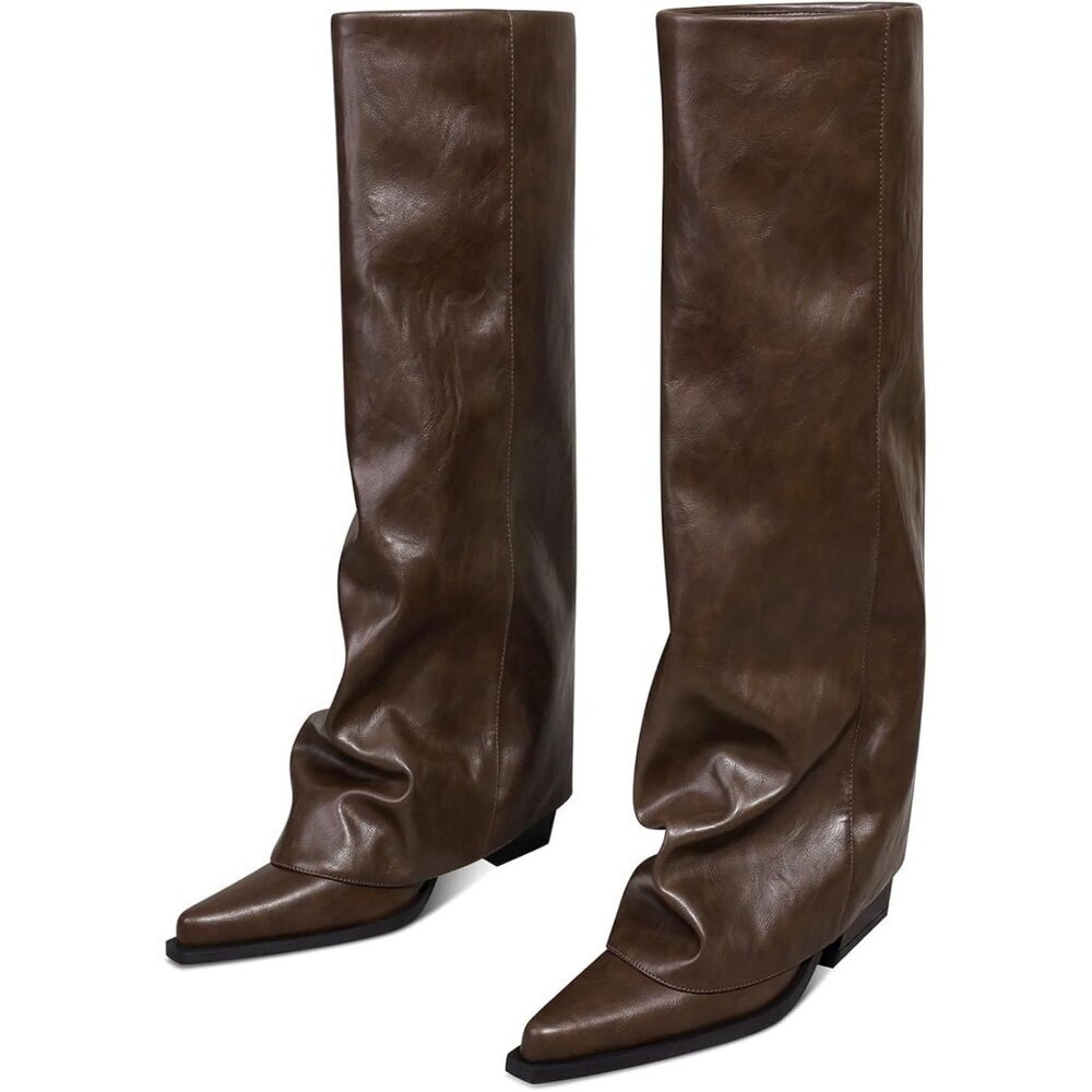 Women Brown Wide Calf Slouchy Shark Pointed Toe  Fold Over Knee High Tall Boots